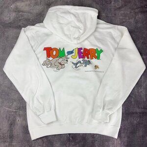 White Tom and Jerry cartoons Mens Pull Over Hoodie size small